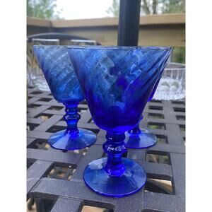 Set of 3 VTG Libbey Cobalt Blue "Royal Swirl" Optic Stemware Drinking‎ Glasses